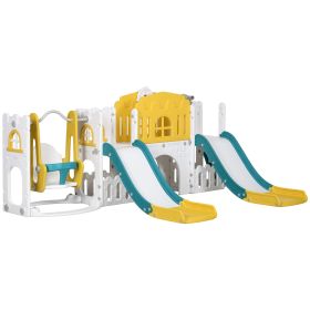 Qaba 8-in-1 Toddler Slide and Swing Set, Yellow, with Dual Slides, Basketball Hoop, Climber, Storage, Telescope, for Ages 1-3