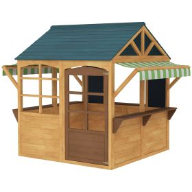 Qaba Wooden Outdoor Playhouse, Foldable Kids Cottage with Windows, Working Door, Snack Bars, Waterproof Covers, for 3-8 Years