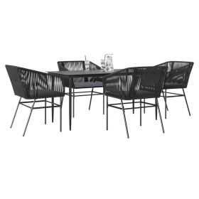 5 Piece Patio Dining Set with Cushions Black Poly Rattan Glass
