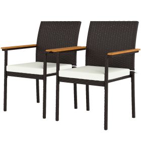 Outsunny Stackable Patio Wicker Dining Chair Set of 2 with Cushions, Backrest, Armrests for Deck, Garden, Cream White