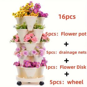 16 Pieces 5-Layer Stackable Flower Pots Vertical Garden Flowers Herbs Strawberry Vegetables Durable Plastic With Mobile Wheels Indoor And Outdoor (Color: White)